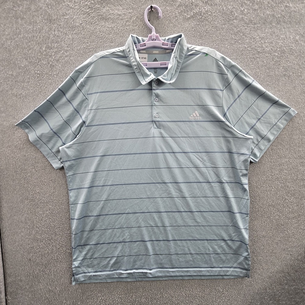 Adidas Men Polo 2XL Light Blue Striped Golf Shirt Button Logo Short‎ Sleeve